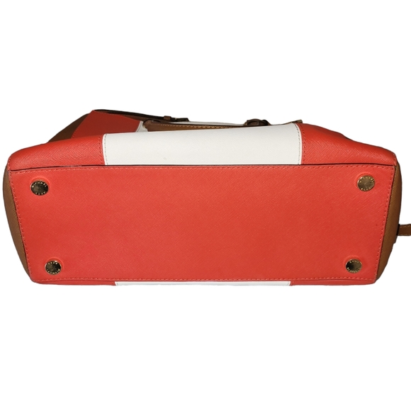 SOLD Authentic Michael Kors Sutton Large Red White Tan Leather Satchel - Picture 3 of 8